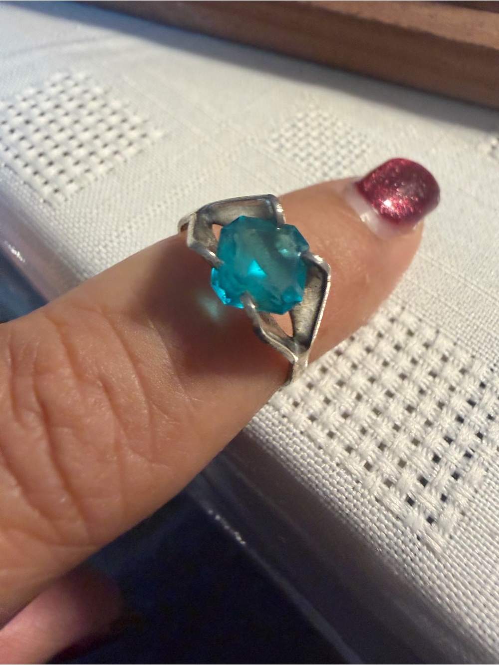 Antique Designer Espo Blue Glass Sterling Silver ring S7